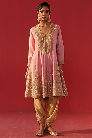Pink Chanderi Hand & Machine Embroidered Kalidar Kurta Set by Rasasvada