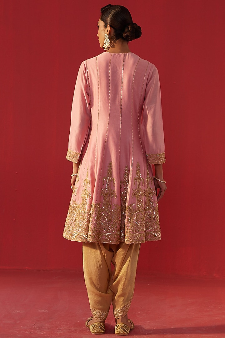Pink Chanderi Hand & Machine Embroidered Kalidar Kurta Set by Rasasvada at Pernia's Pop Up Shop