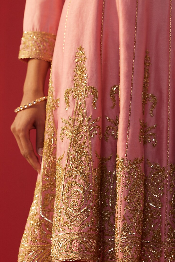 Pink Chanderi Hand & Machine Embroidered Kalidar Kurta Set by Rasasvada at Pernia's Pop Up Shop