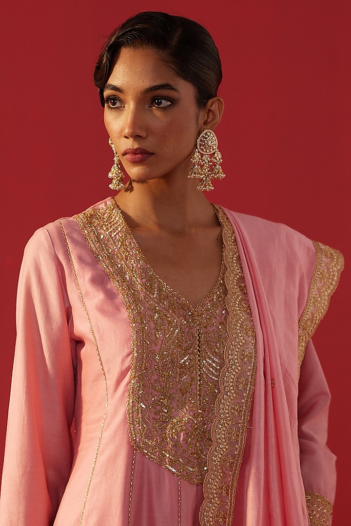 Pink Chanderi Hand & Machine Embroidered Kalidar Kurta Set by Rasasvada at Pernia's Pop Up Shop