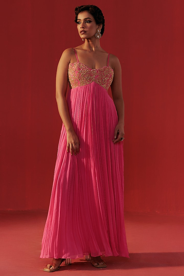 Hot Pink Georgette Embroidered Party Wear Anarkali by Rasasvada at Pernia's Pop Up Shop