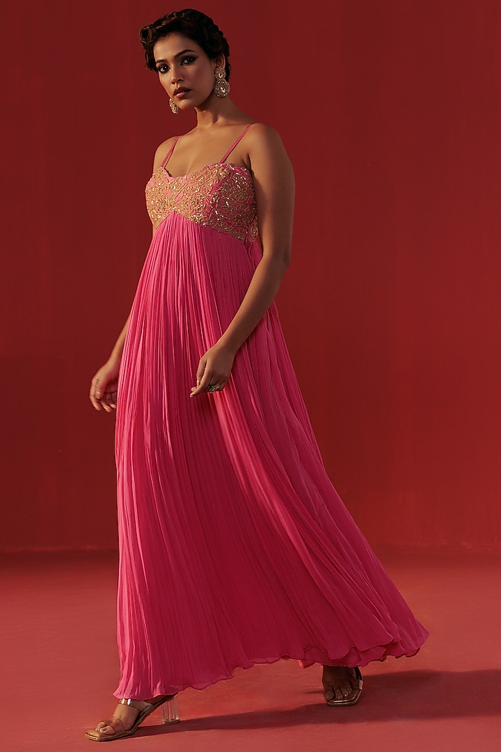 Hot Pink Georgette Embroidered Party Wear Anarkali by Rasasvada at Pernia's Pop Up Shop