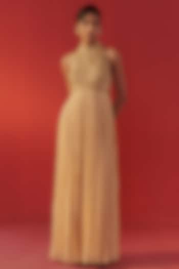 Beige Satin Tissue Organza Embroidered Party Wear Gown by Rasasvada at Pernia's Pop Up Shop