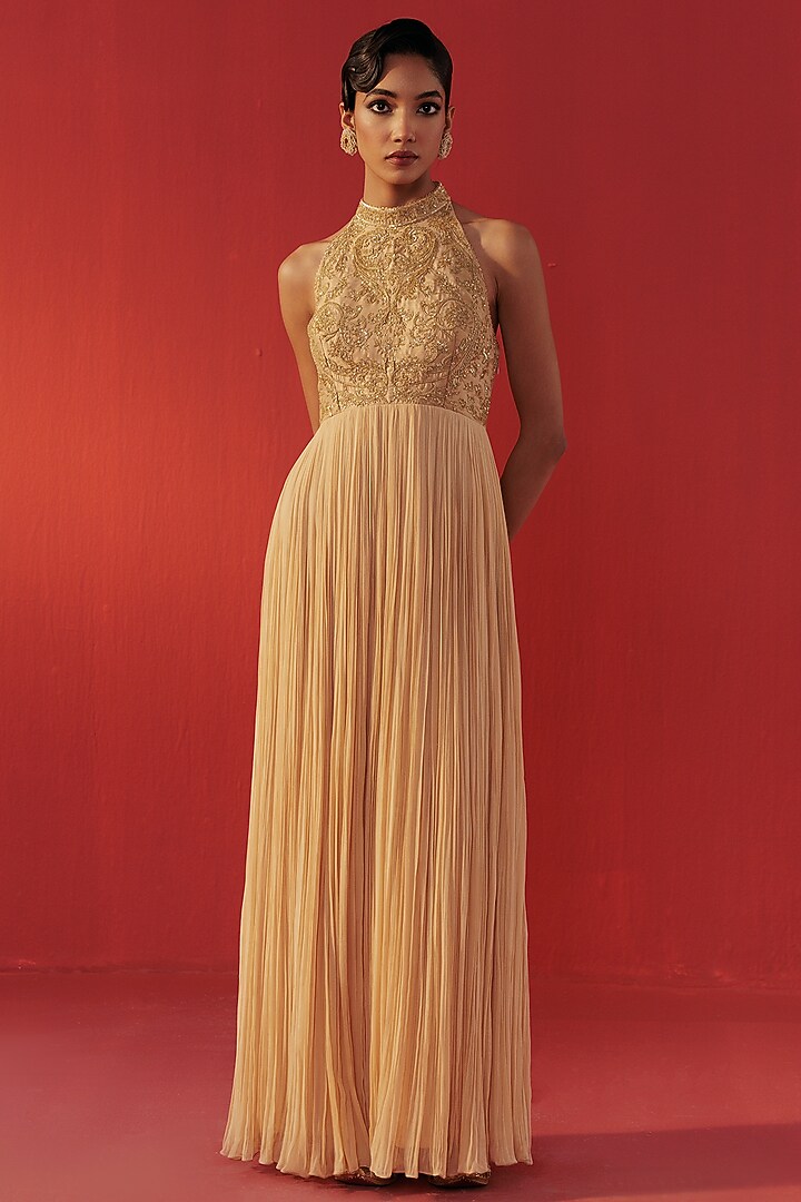 Beige Satin Tissue Organza Embroidered Party Wear Gown by Rasasvada at Pernia's Pop Up Shop