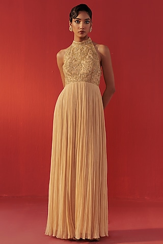 Beige Satin Tissue Organza Embroidered Gown by Rasasvada