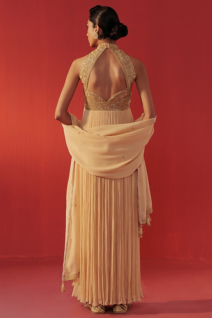 Beige Satin Tissue Organza Embroidered Party Wear Gown by Rasasvada at Pernia's Pop Up Shop
