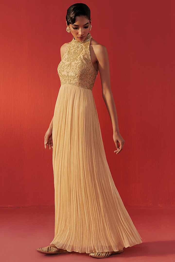 Beige Satin Tissue Organza Embroidered Party Wear Gown by Rasasvada at Pernia's Pop Up Shop
