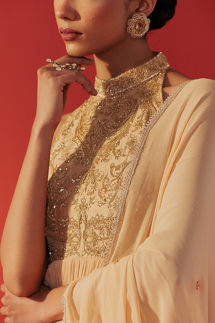 Beige Satin Tissue Organza Embroidered Party Wear Gown by Rasasvada at Pernia's Pop Up Shop