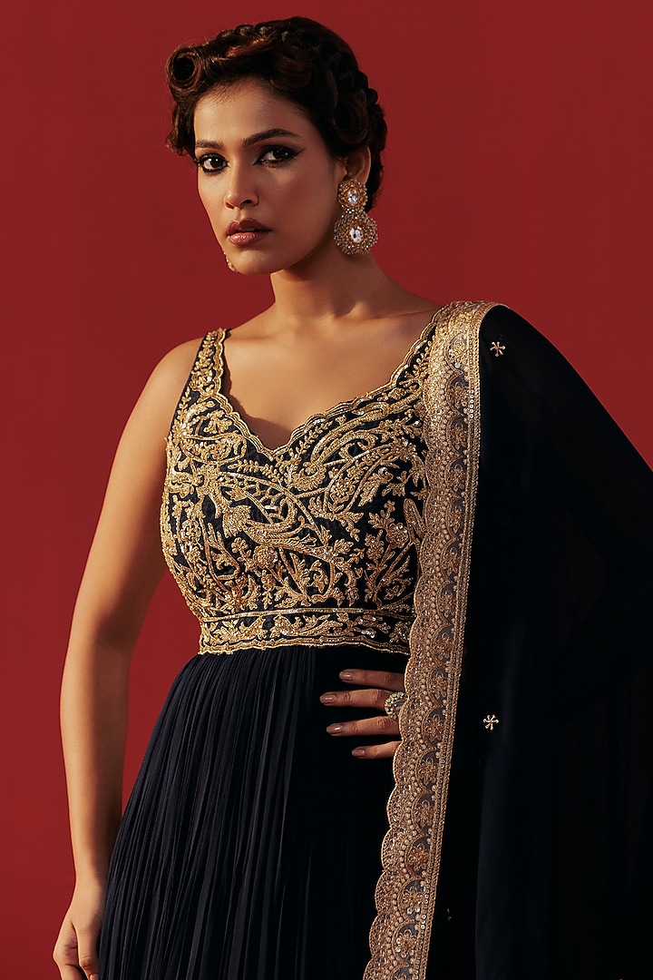 Sapphire Blue Georgette Embroidered Party Wear Anarkali by Rasasvada at Pernia's Pop Up Shop