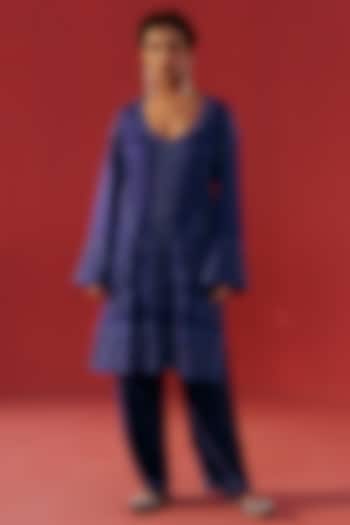 Night Blue Chanderi Embroidered Kurta Set by Rasasvada at Pernia's Pop Up Shop