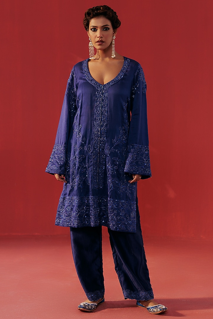 Night Blue Chanderi Embroidered Kurta Set by Rasasvada at Pernia's Pop Up Shop