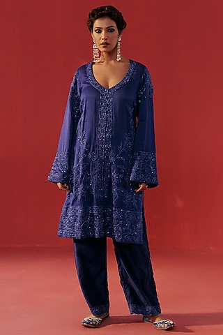 Night Blue Chanderi Embroidered Kurta Set by Rasasvada