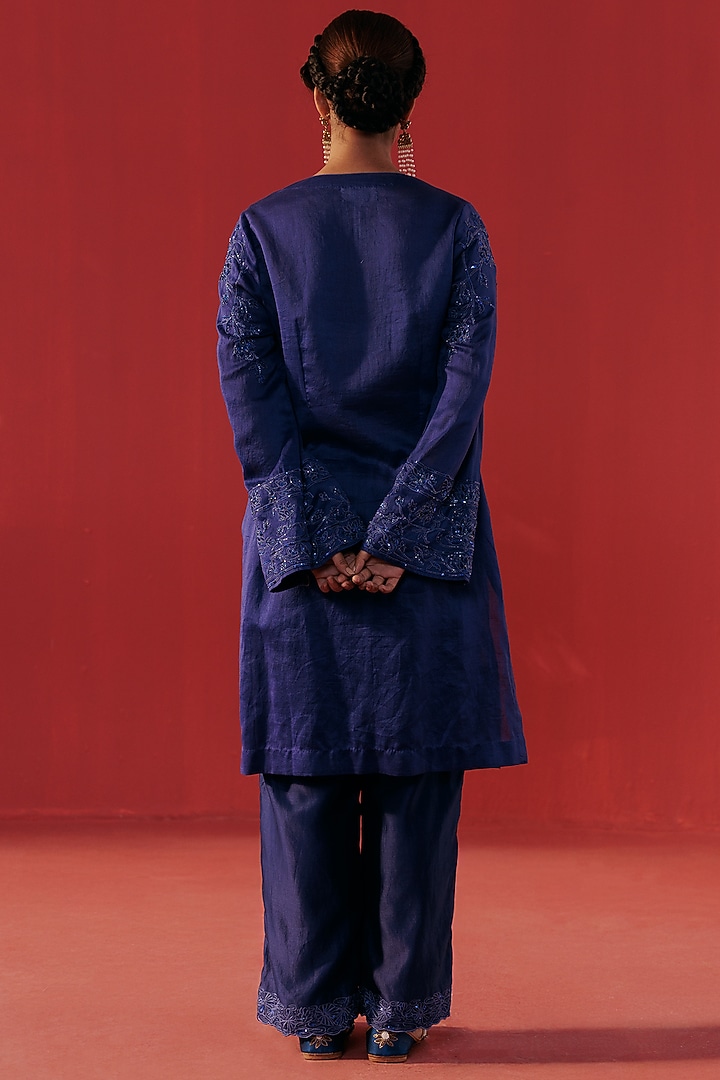 Night Blue Chanderi Embroidered Kurta Set by Rasasvada at Pernia's Pop Up Shop