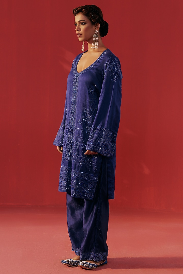 Night Blue Chanderi Embroidered Kurta Set by Rasasvada at Pernia's Pop Up Shop