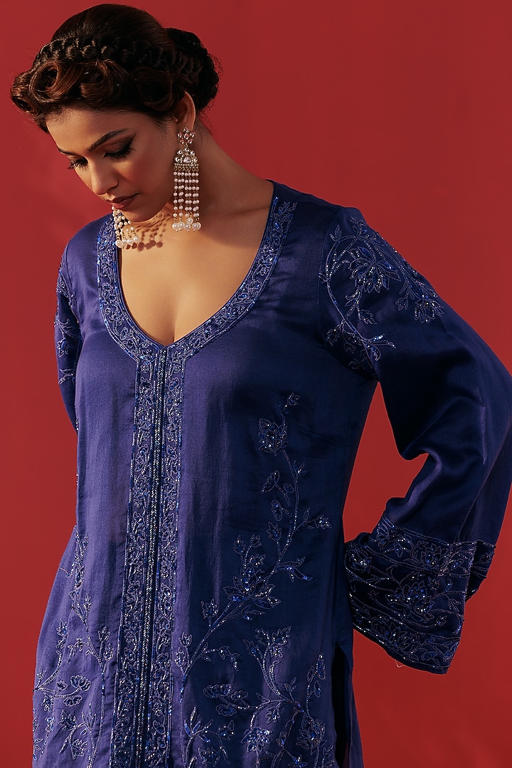 Night Blue Chanderi Embroidered Kurta Set by Rasasvada at Pernia's Pop Up Shop