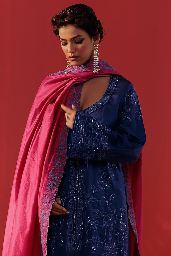 Night Blue Chanderi Embroidered Kurta Set by Rasasvada at Pernia's Pop Up Shop