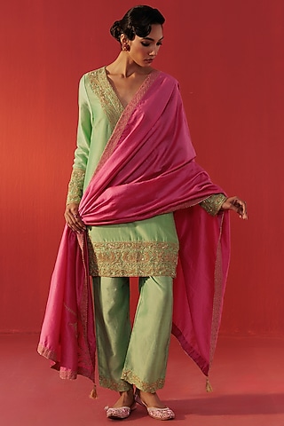 Pista Green Chanderi Embroidered Kurta Set by Rasasvada