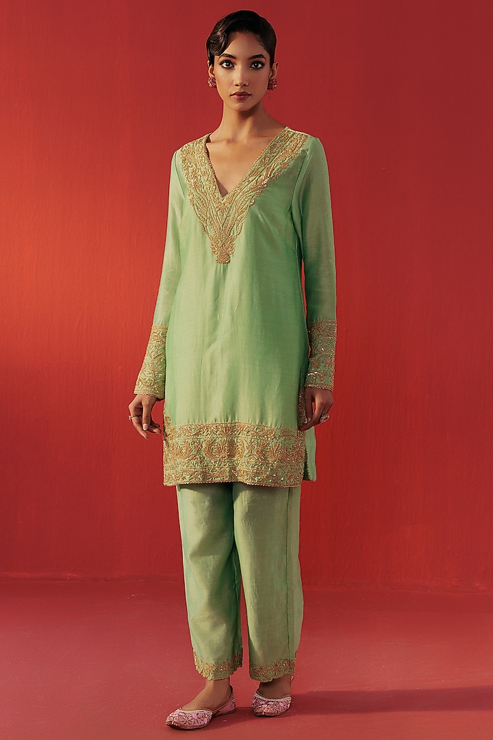 Pista Green Chanderi Embroidered Kurta Set by Rasasvada at Pernia's Pop Up Shop