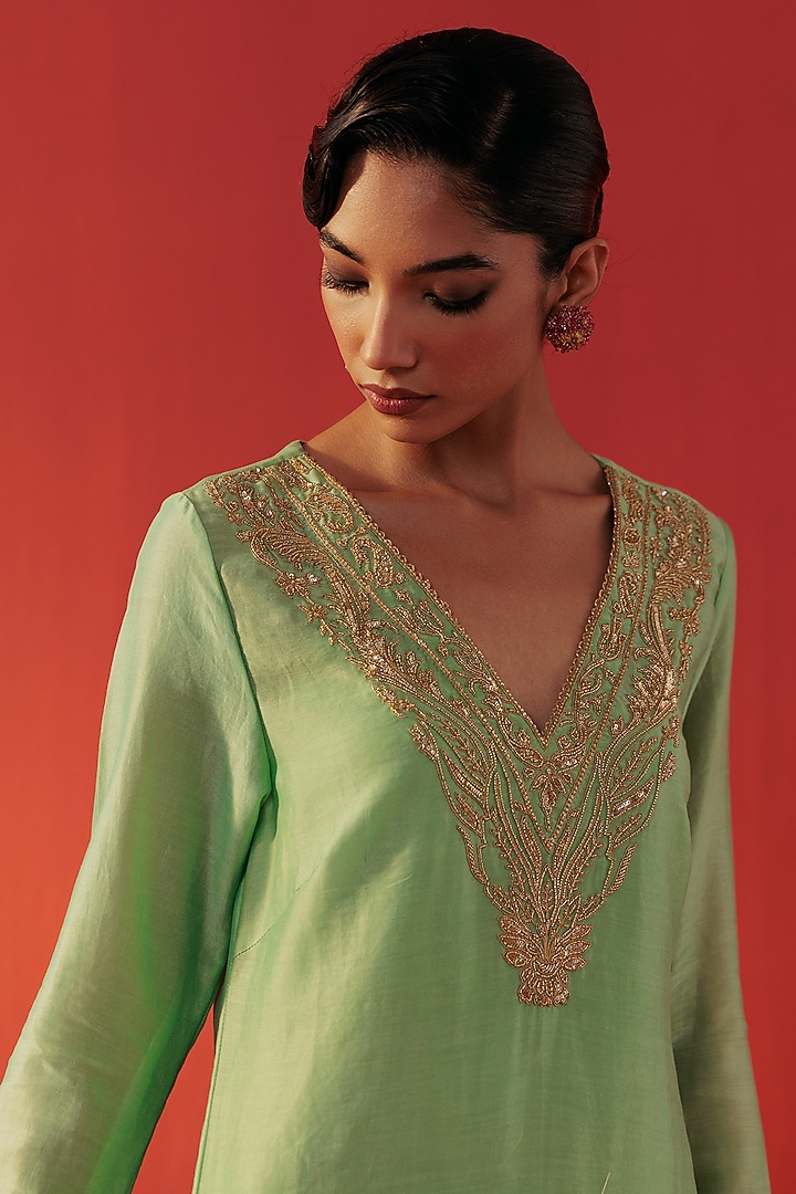 Pista Green Chanderi Embroidered Kurta Set by Rasasvada at Pernia's Pop Up Shop