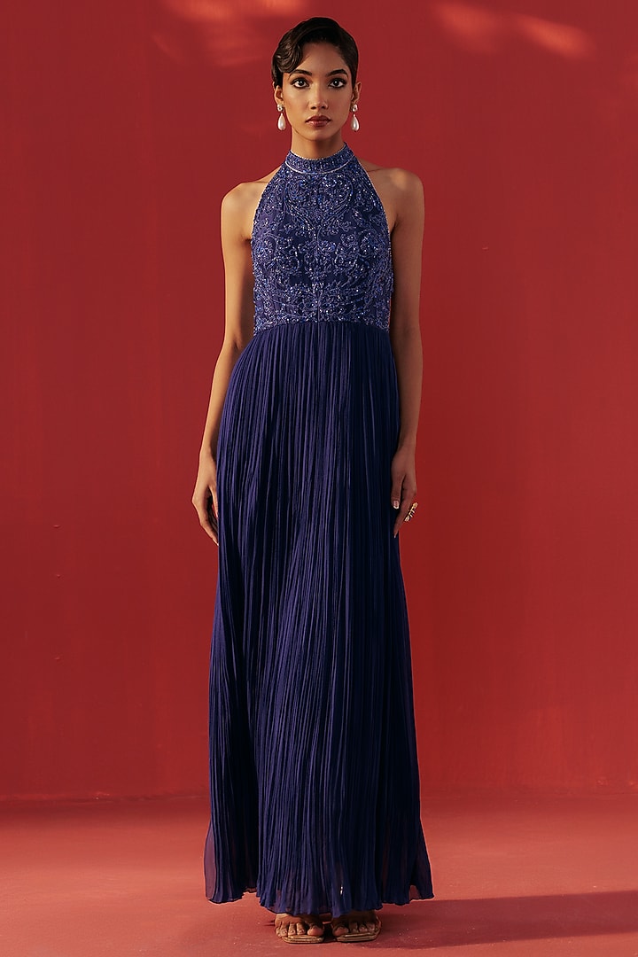 Night Blue Georgette Embellished Vacation Dress by Rasasvada at Pernia's Pop Up Shop