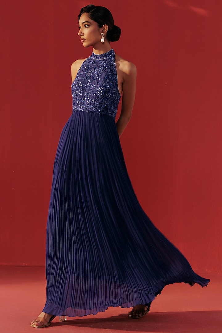 Night Blue Georgette Embellished Vacation Dress by Rasasvada at Pernia's Pop Up Shop