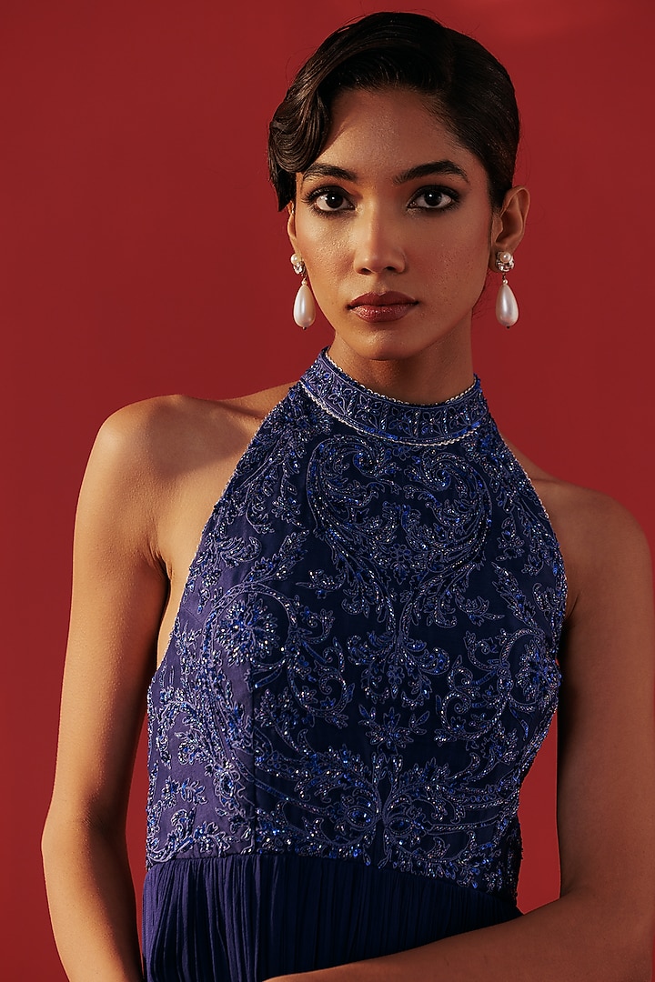 Night Blue Georgette Embellished Vacation Dress by Rasasvada at Pernia's Pop Up Shop