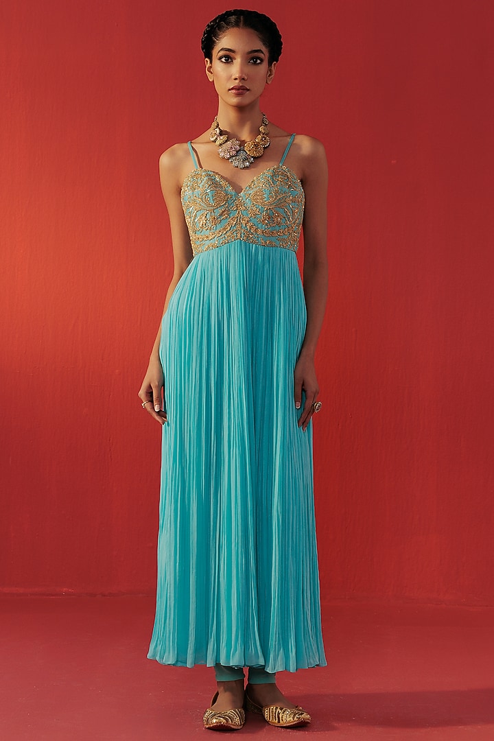 Turquoise Blue Georgette Embroidered Party Wear Anarkali by Rasasvada at Pernia's Pop Up Shop