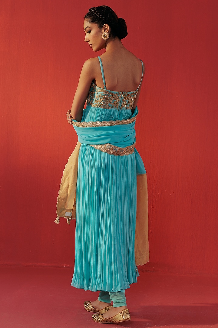 Turquoise Blue Georgette Embroidered Party Wear Anarkali by Rasasvada at Pernia's Pop Up Shop
