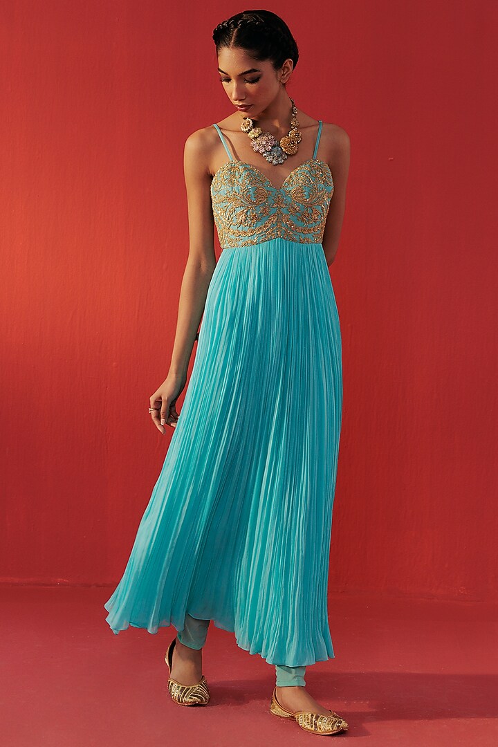 Turquoise Blue Georgette Embroidered Party Wear Anarkali by Rasasvada at Pernia's Pop Up Shop