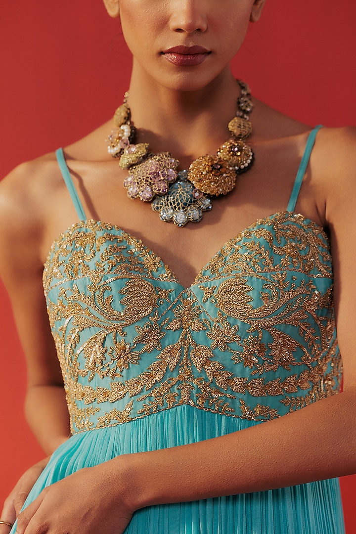 Turquoise Blue Georgette Embroidered Party Wear Anarkali by Rasasvada at Pernia's Pop Up Shop