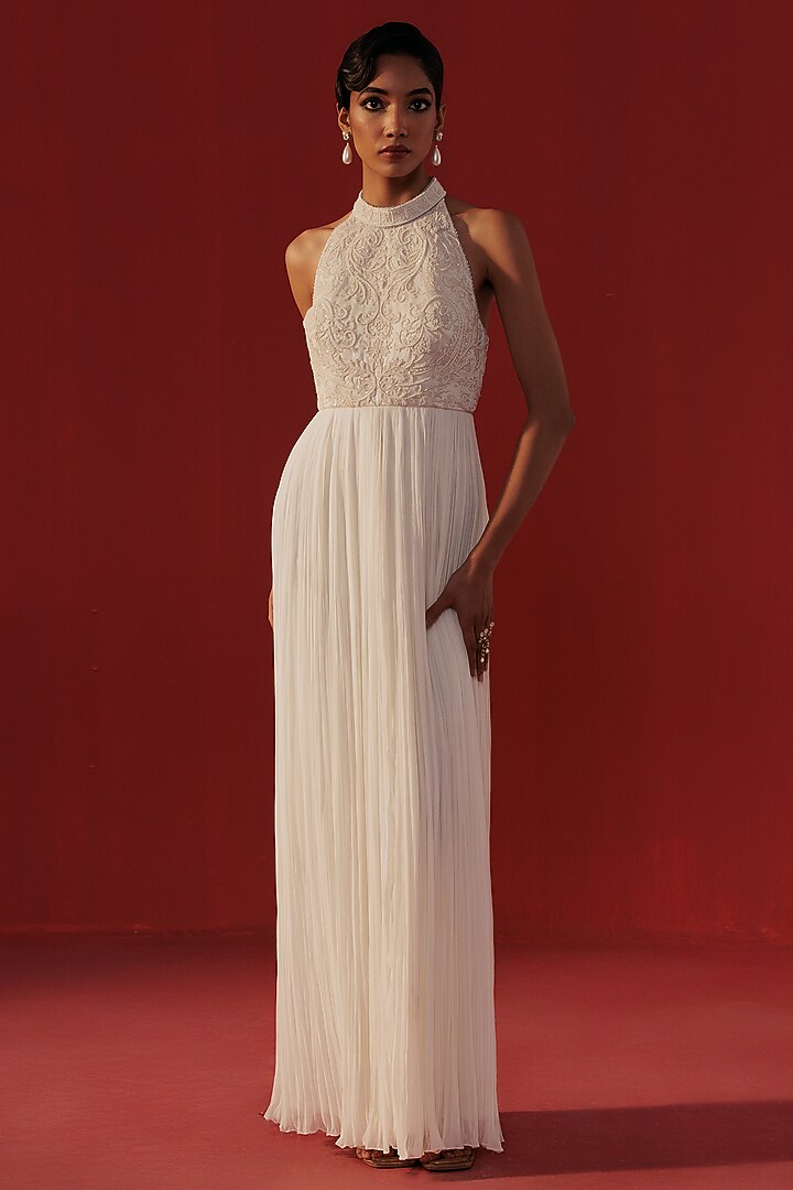 Ivory Georgette Sequins Embroidered Halter Party Wear Anarkali Dress by Rasasvada at Pernia's Pop Up Shop