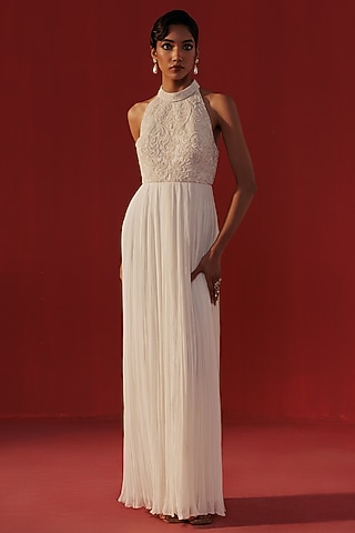 Ivory Georgette Sequins Embroidered Halter Anarkali Dress by Rasasvada