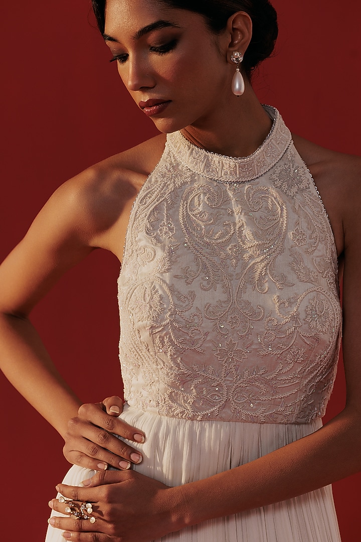 Ivory Georgette Sequins Embroidered Halter Party Wear Anarkali Dress by Rasasvada at Pernia's Pop Up Shop
