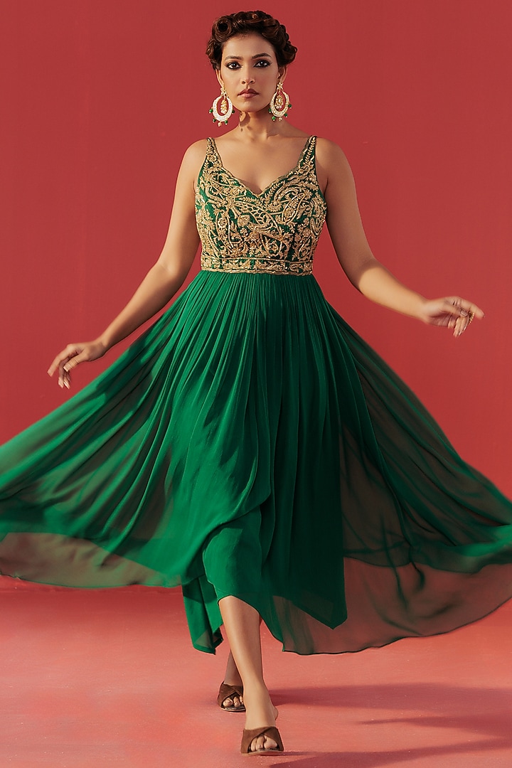 Green Georgette Embroidered Party Wear Anarkali by Rasasvada at Pernia's Pop Up Shop
