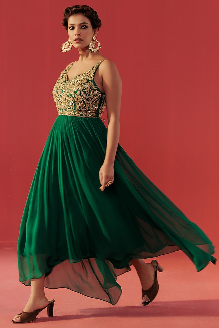 Green Georgette Embroidered Party Wear Anarkali by Rasasvada at Pernia's Pop Up Shop