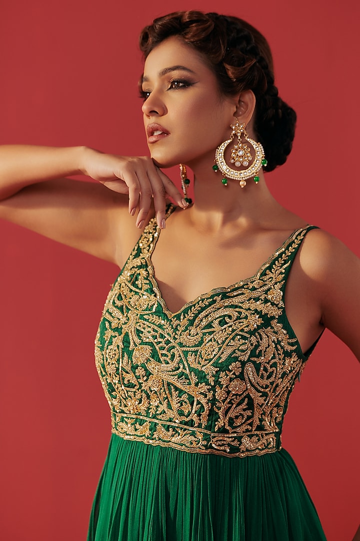 Green Georgette Embroidered Party Wear Anarkali by Rasasvada at Pernia's Pop Up Shop