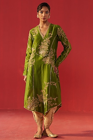 Olive Green Chanderi Embroidered Kurta Set by Rasasvada