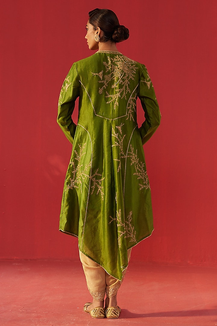 Olive Green Chanderi Embroidered Kurta Set by Rasasvada at Pernia's Pop Up Shop