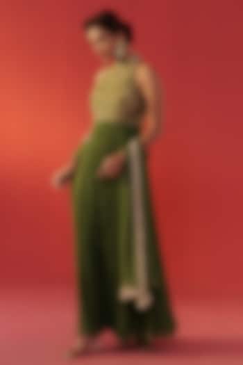 Green Georgette Halter-Neck Party Wear Anarkali by Rasasvada at Pernia's Pop Up Shop