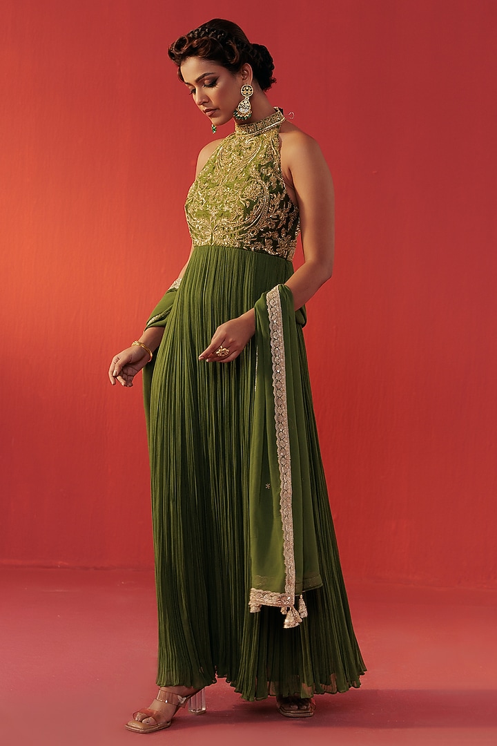 Green Georgette Halter-Neck Party Wear Anarkali by Rasasvada at Pernia's Pop Up Shop