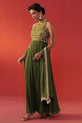 Green Georgette Halter-Neck Anarkali by Rasasvada