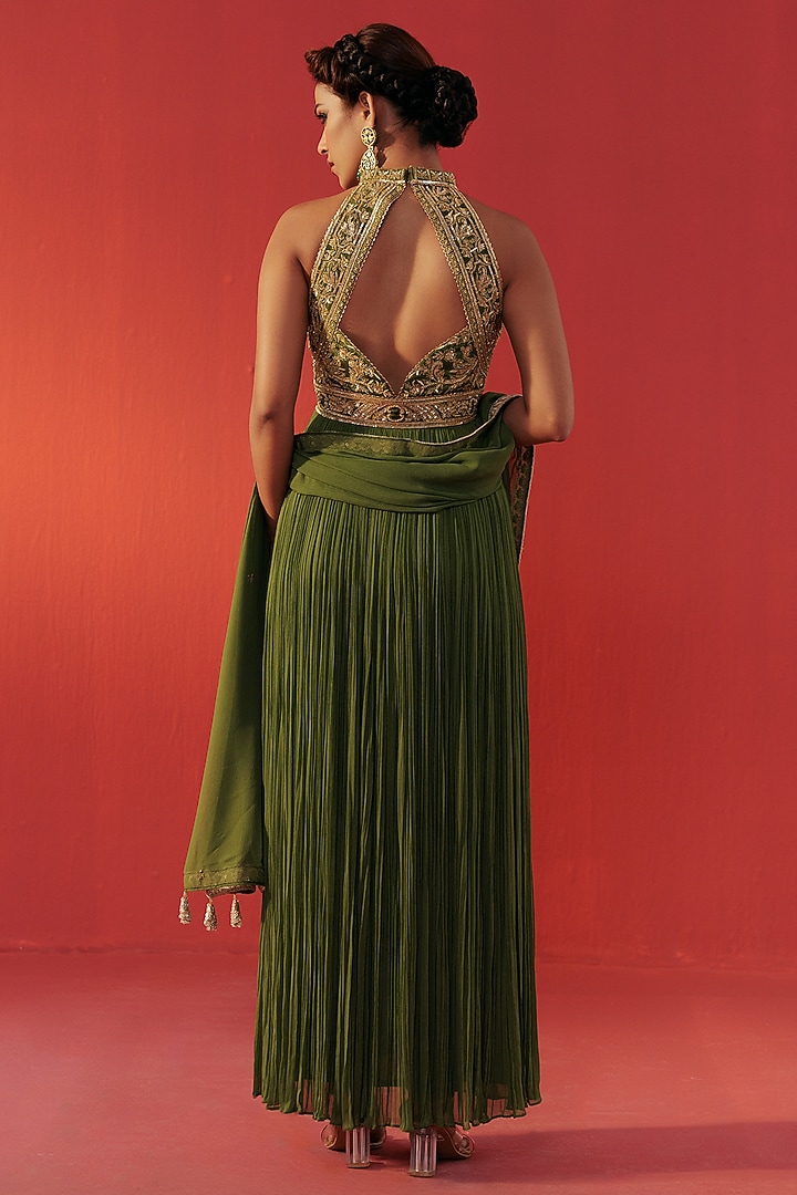 Green Georgette Halter-Neck Party Wear Anarkali by Rasasvada at Pernia's Pop Up Shop