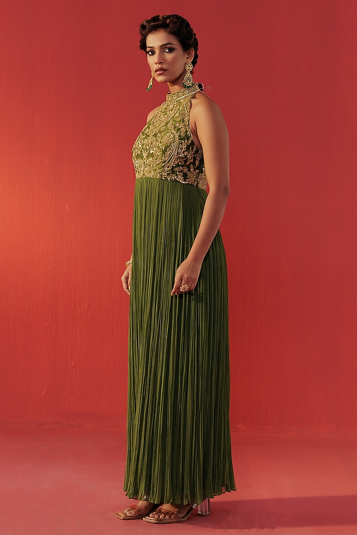 Green Georgette Halter-Neck Party Wear Anarkali by Rasasvada at Pernia's Pop Up Shop