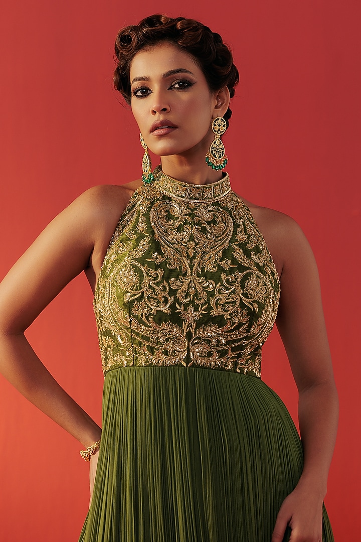 Green Georgette Halter-Neck Party Wear Anarkali by Rasasvada at Pernia's Pop Up Shop