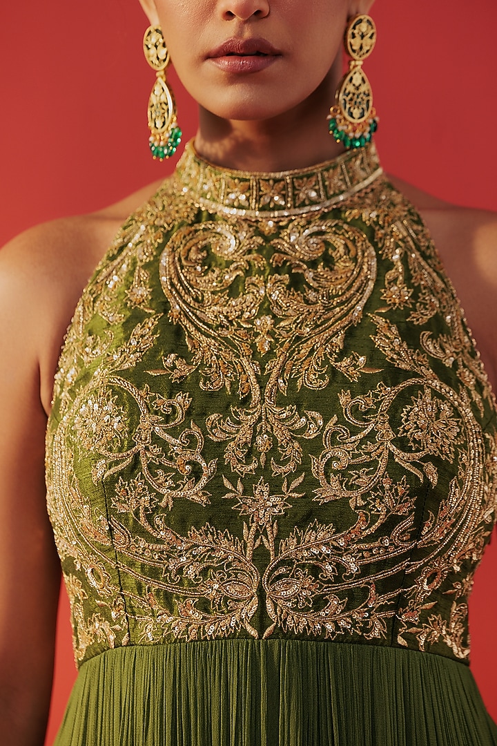 Green Georgette Halter-Neck Party Wear Anarkali by Rasasvada at Pernia's Pop Up Shop
