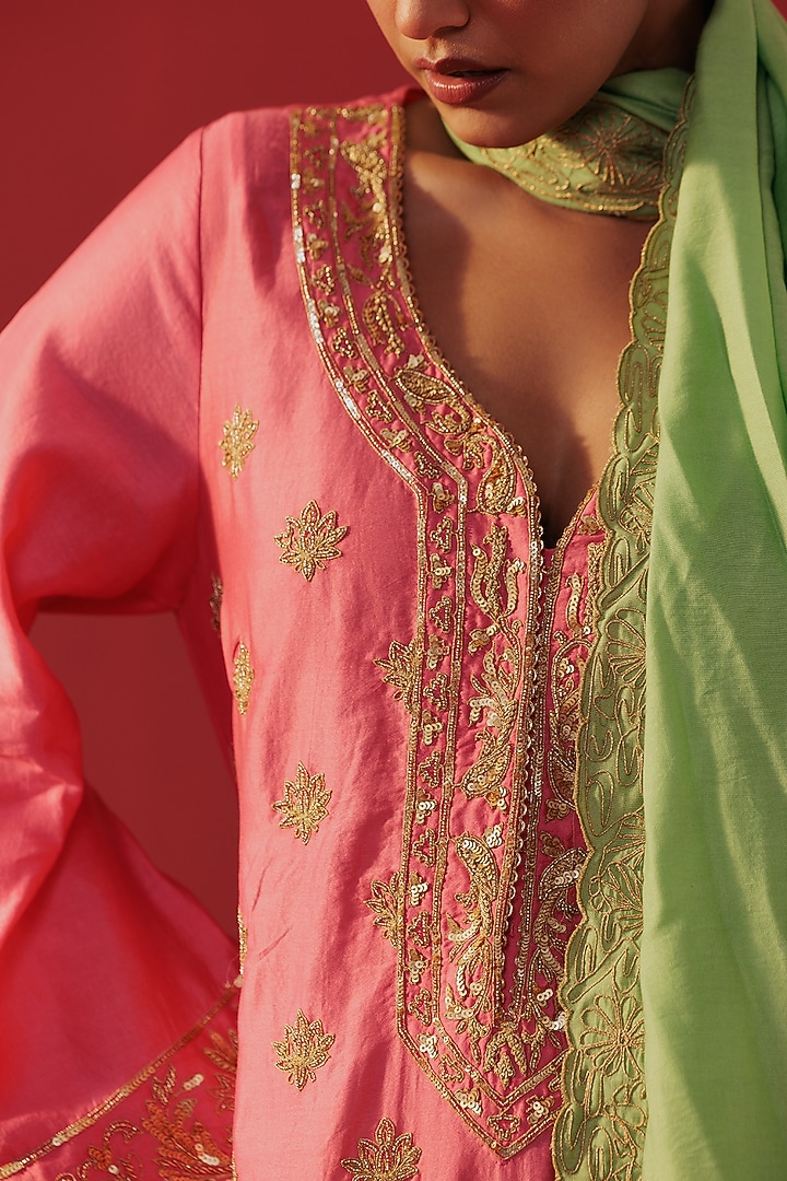 Pink Chanderi Embroidered Kurta Set by Rasasvada at Pernia's Pop Up Shop