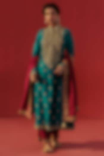 Teal Blue Chanderi Embellished Kurta Set by Rasasvada at Pernia's Pop Up Shop