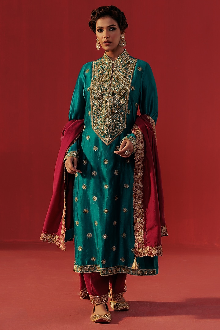 Teal Blue Chanderi Embellished Kurta Set by Rasasvada at Pernia's Pop Up Shop