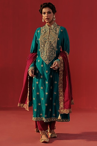 Teal Blue Chanderi Embellished Kurta Set by Rasasvada