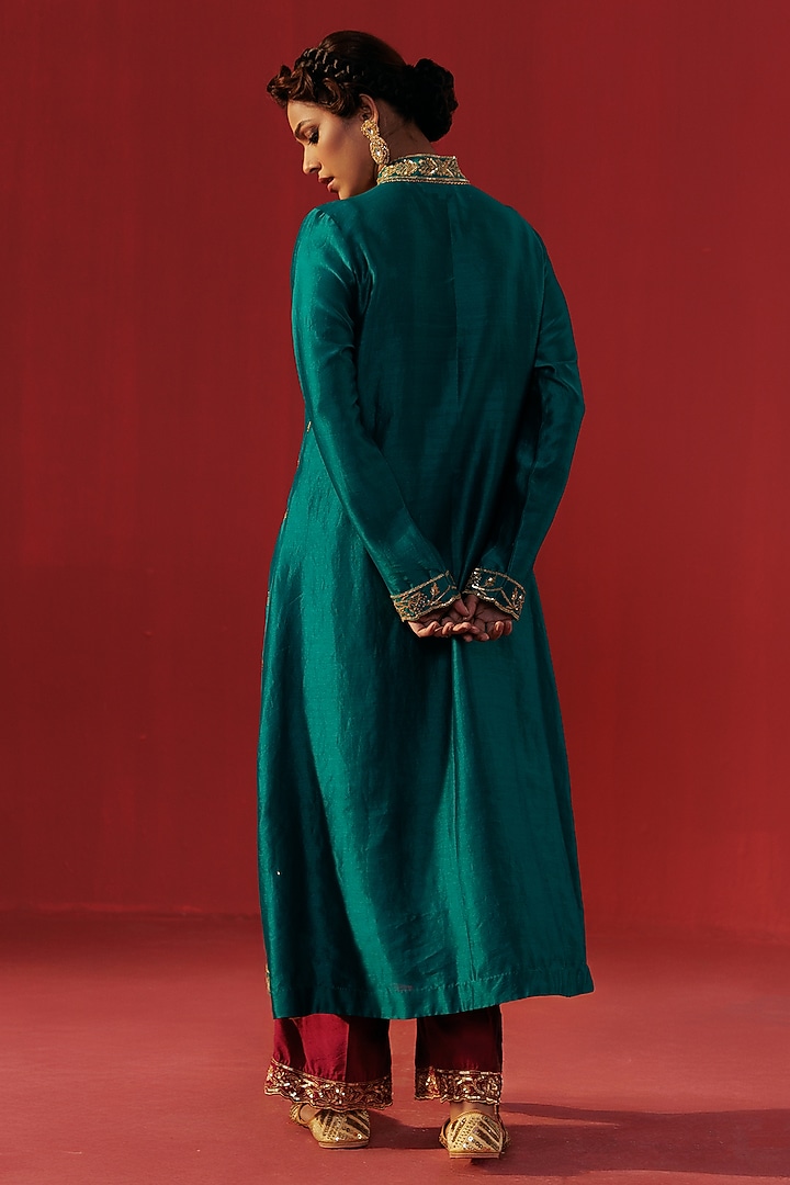 Teal Blue Chanderi Embellished Kurta Set by Rasasvada at Pernia's Pop Up Shop